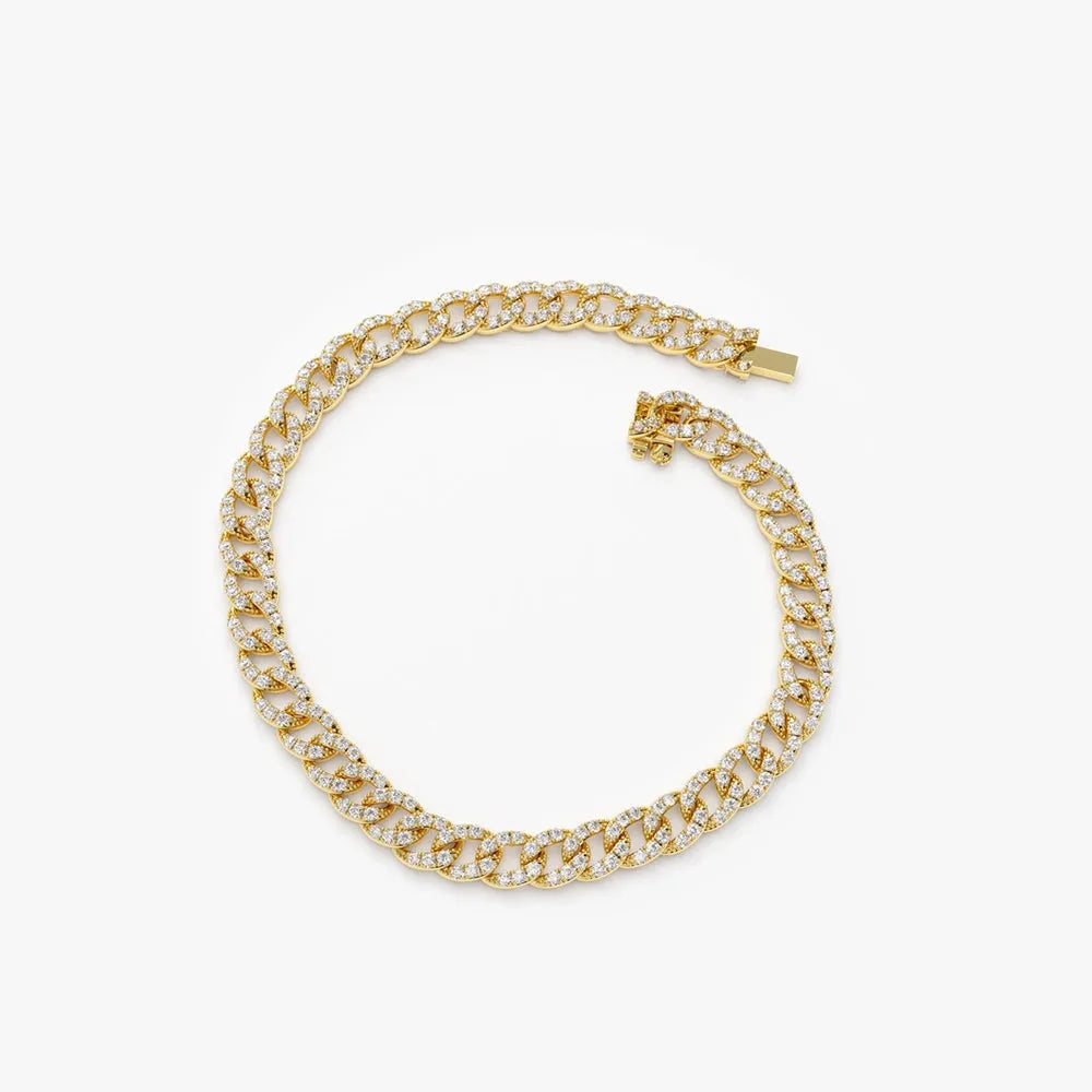 14K Solid Gold Round Diamond 4.8MM Cuban Link Micro-Pave Bracelet