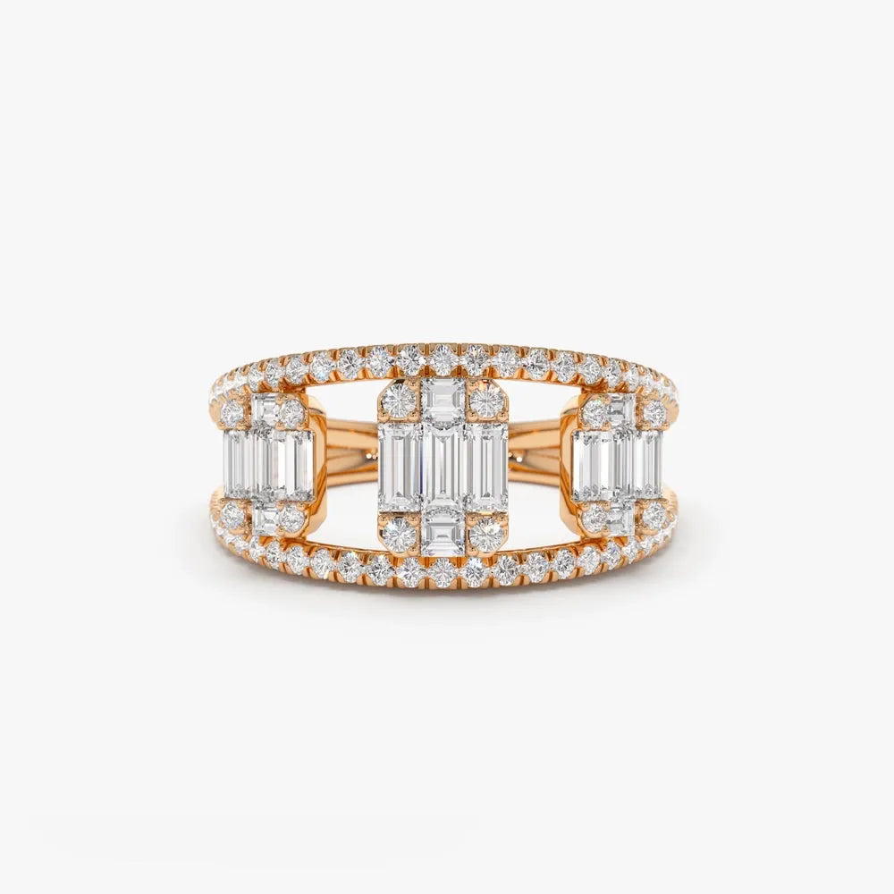 14K Gold 0.80 Carat Baguette and Round Diamond Illusion Setting Cocktail Ring