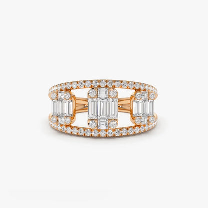 14K Gold 0.80 Carat Baguette and Round Diamond Illusion Setting Cocktail Ring