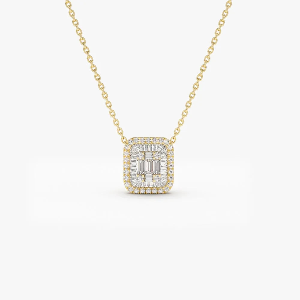 14K Solid Gold Baguette and Round Diamond Statement Necklace Prong and Channel Setting 0.47ctw