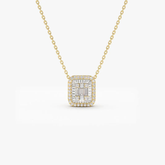 14K Solid Gold Baguette and Round Diamond Statement Necklace Prong and Channel Setting 0.47ctw