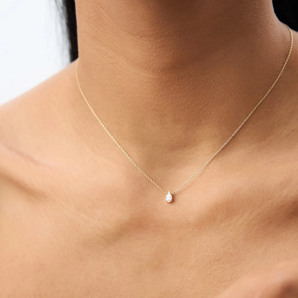 14K Solid Gold Pear Shape Diamond Solitaire Necklace Prong Setting 0.23ctw