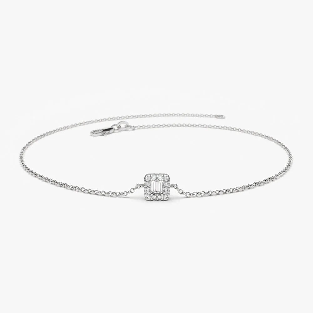 14K Solid Gold Baguette and Round Diamond Station Bracelet 0.10 Carat
