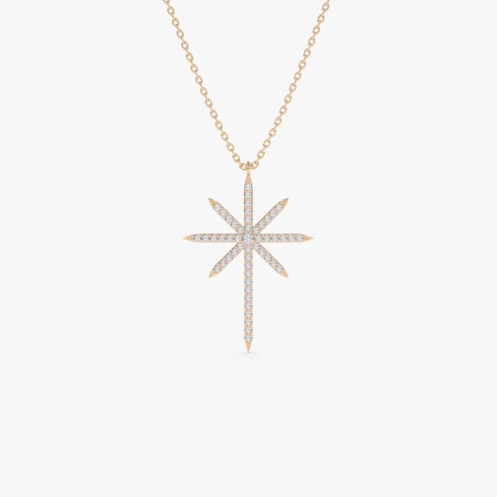 14K Solid Gold Round Diamond Celestial North Star Pendant Necklace 0.25ctw Prong Setting