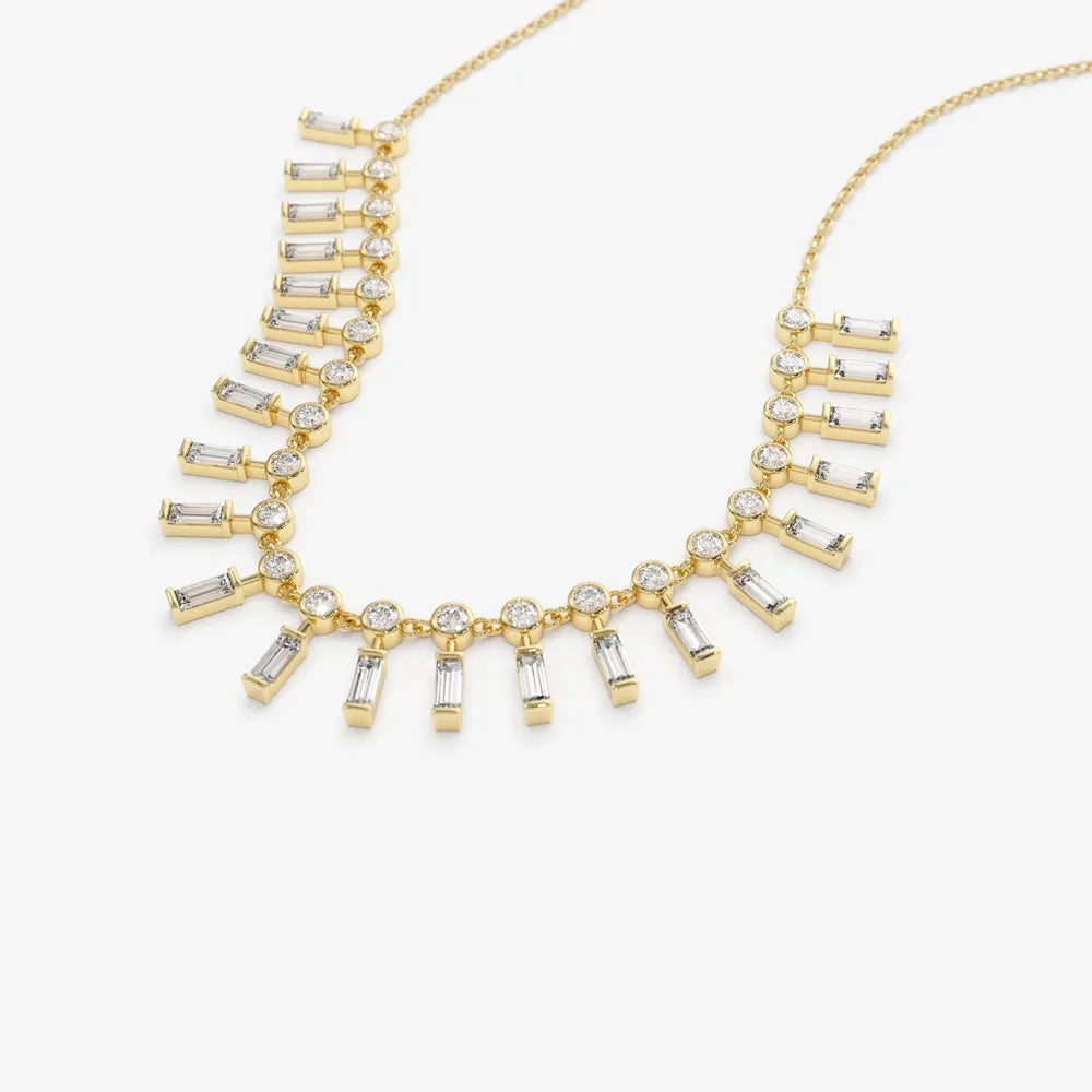14K Solid Gold Baguette and Round Diamond Statement Necklace Bezel Set 1.75ctw