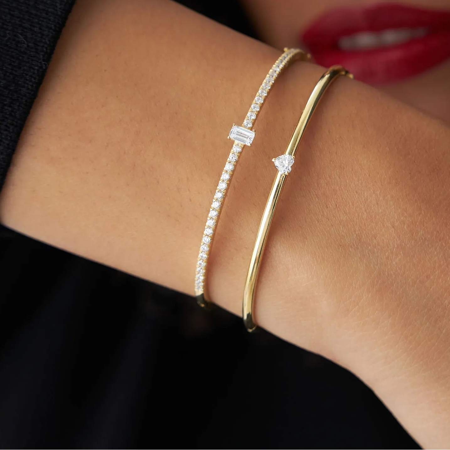 14K Solid Gold 0.25 CTW Heart Shape Diamond Solitaire Bangle