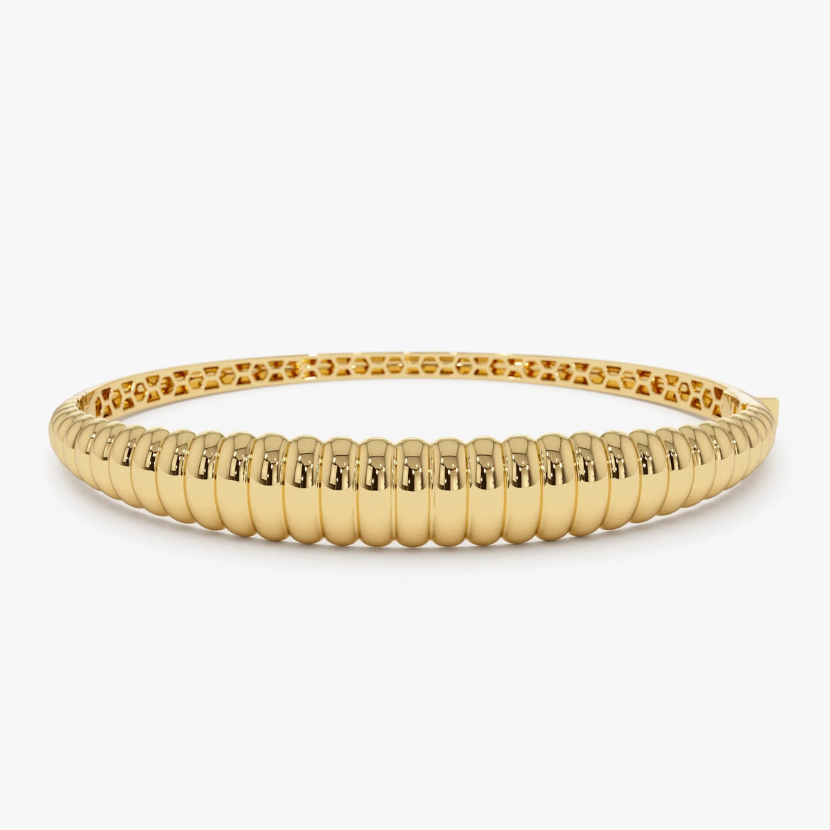 14K Solid Gold Wide Chunky Ribbed Bangle Bracelet
