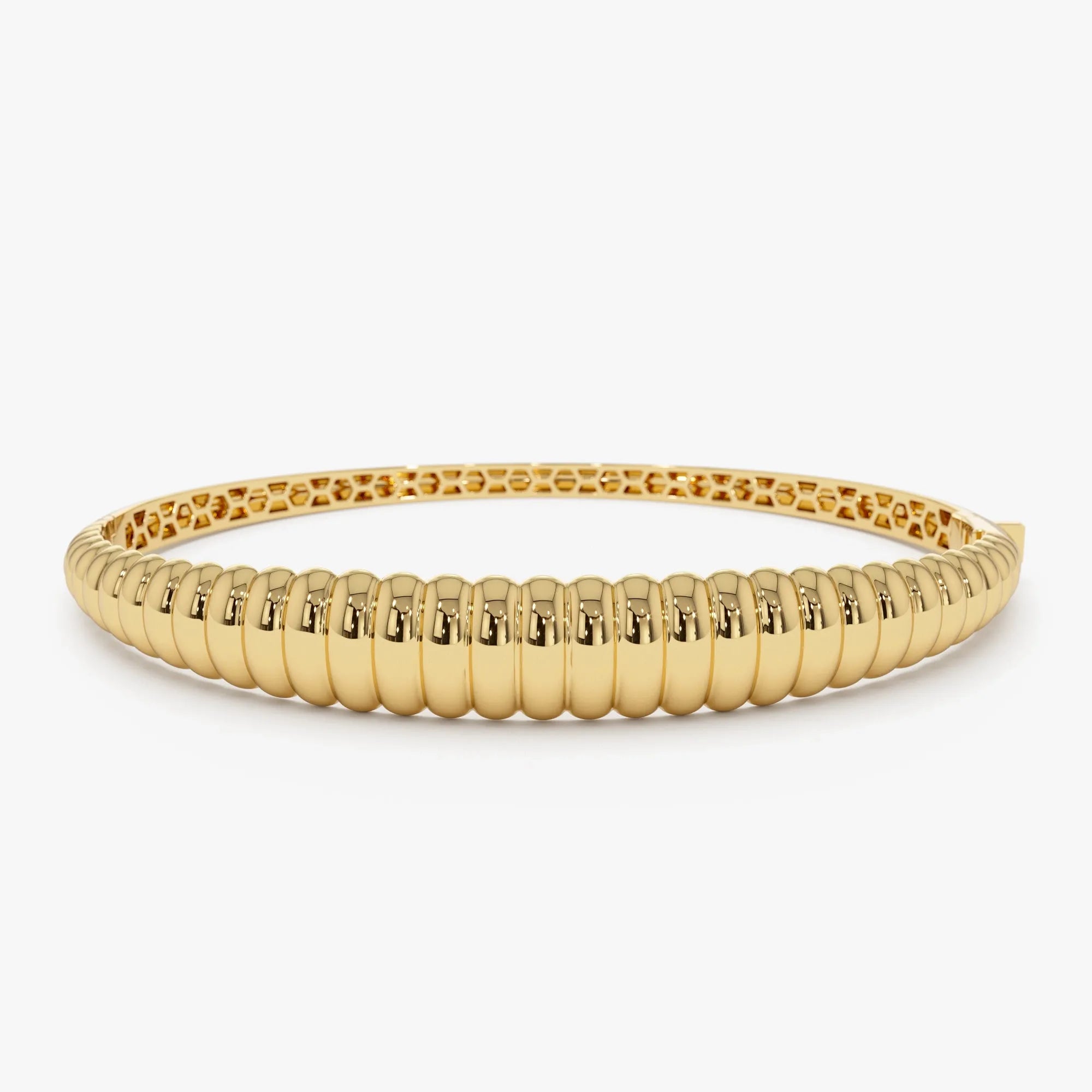 14K Solid Gold Wide Chunky Ribbed Bangle Bracelet