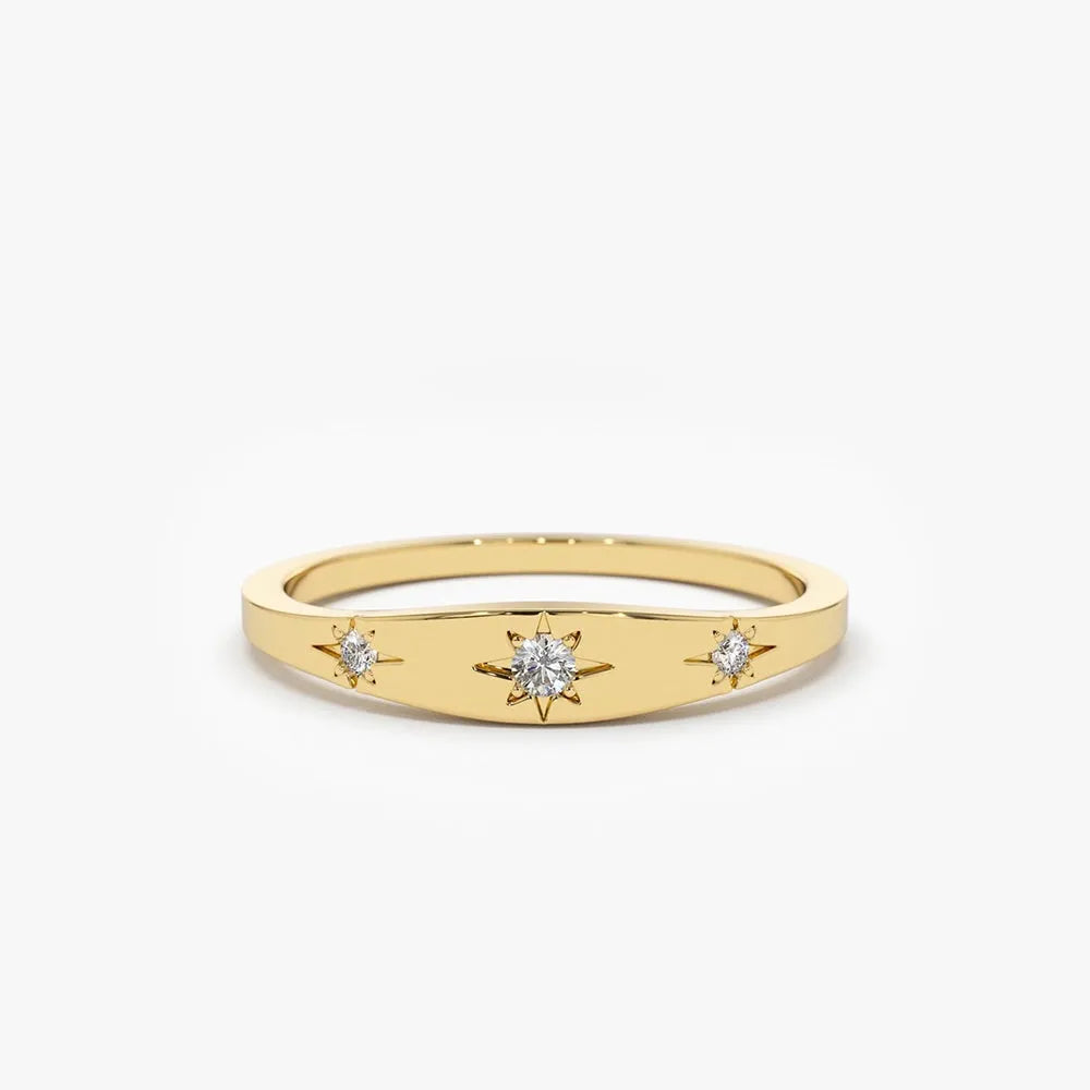 14K Solid Gold Round Diamond 3 Stone Star Setting Stacking Ring 0.06 CTW
