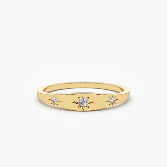 14K Solid Gold Round Diamond 3 Stone Star Setting Stacking Ring 0.06 CTW
