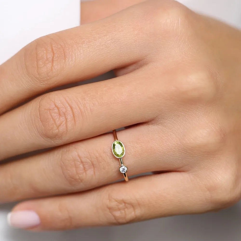 14K Solid Gold Oval Peridot and Diamond 0.56ctw Bezel Set Ring