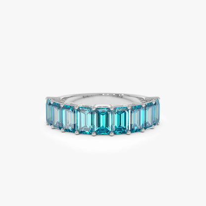 14K Solid Gold Emerald Cut Swiss Blue Topaz 3.00 Carat Nine Stone Ring