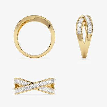 14K Solid Gold Baguette Diamond 0.79 Carat Channel Setting Crossover Band