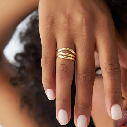 14k Solid Gold Stacked Chunky Curved Statement Ring