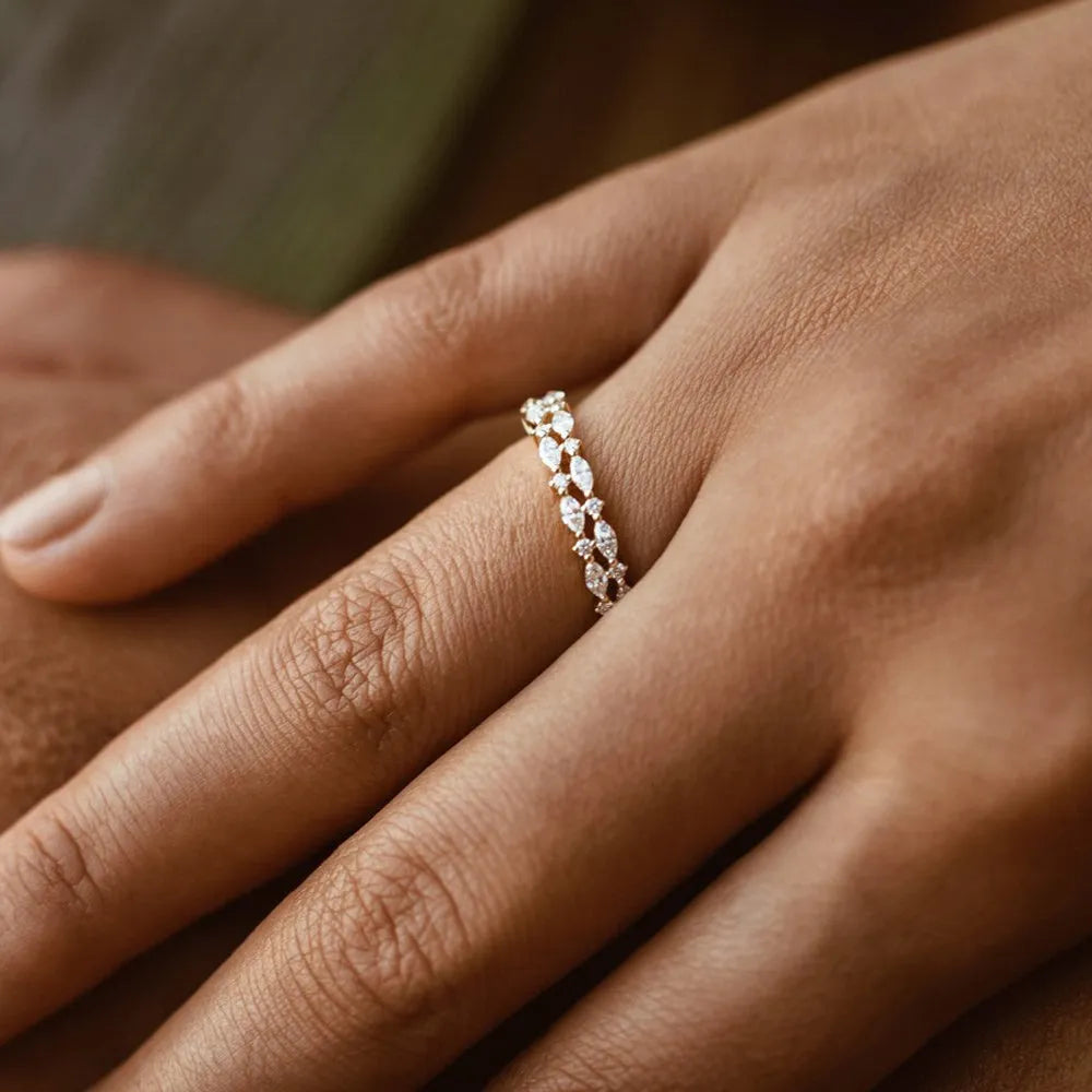 14k Gold Diamond Marquise and Round Double Row Alternating Shared Prong Ring 0.55 Carat
