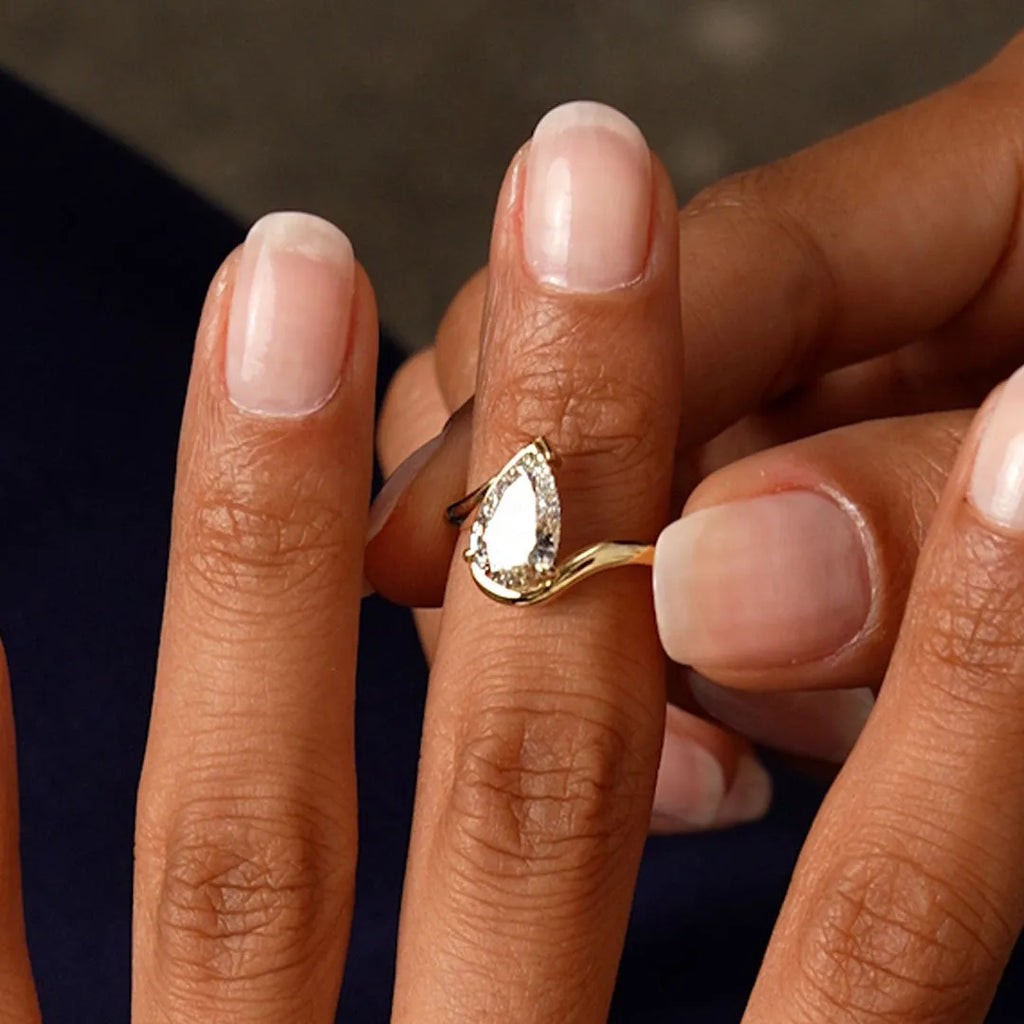 14k Gold Lab Grown Diamond Pear Cut Ring Bypass Design Novelle 1.50 Carat