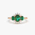 14K Gold Oval Emerald and Round Diamond Three Stone Cluster Ring 1.06 CTW