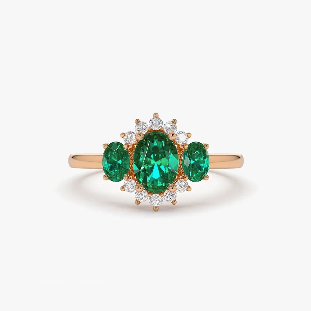 14K Gold Oval Emerald and Round Diamond Three Stone Cluster Ring 1.06 CTW