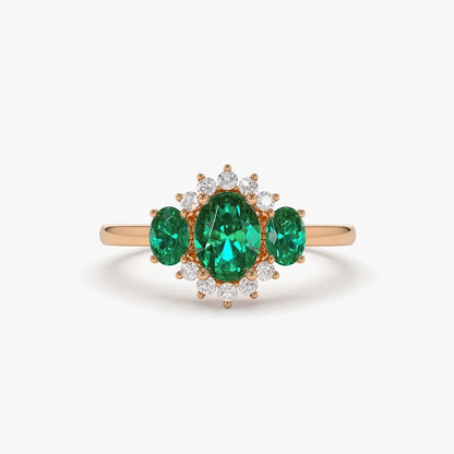 14K Gold Oval Emerald and Round Diamond Three Stone Cluster Ring 1.06 CTW