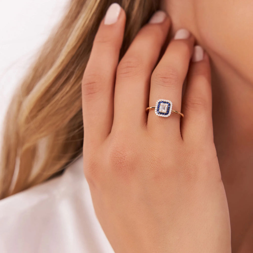 14k Gold Sapphire and Diamond Baguette and Round Cut Halo Setting Ring 0.47 ctw