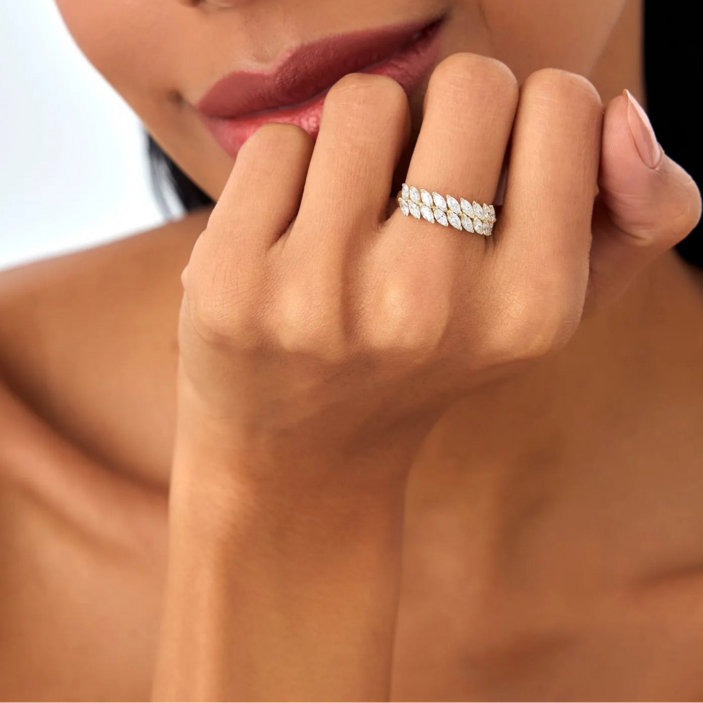 14k Gold Diamond Marquise Cut Double Row Ring 1.12 ctw