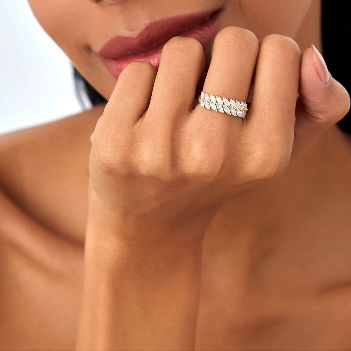 14k Gold Diamond Marquise Cut Double Row Ring 1.12 ctw