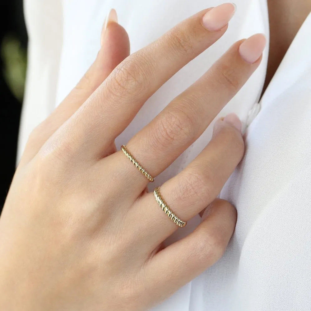 14K Solid Gold 3mm Twisted Rope Stackable Wedding Band Ring