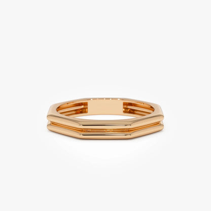 14k Gold Octagon Double Band Ring Wide Geometric Style