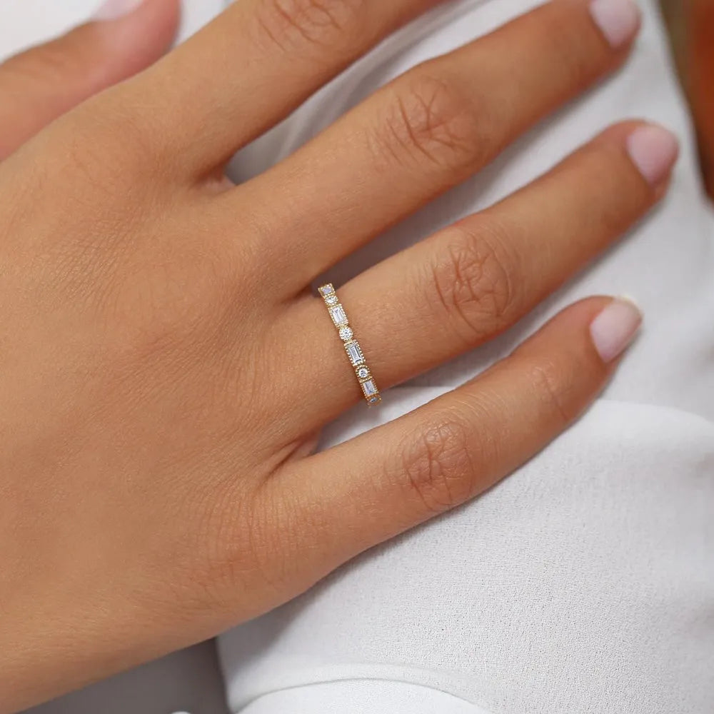14K Gold Baguette and Round Diamond 0.39 CTW Bezel Set Alternating Band Ring