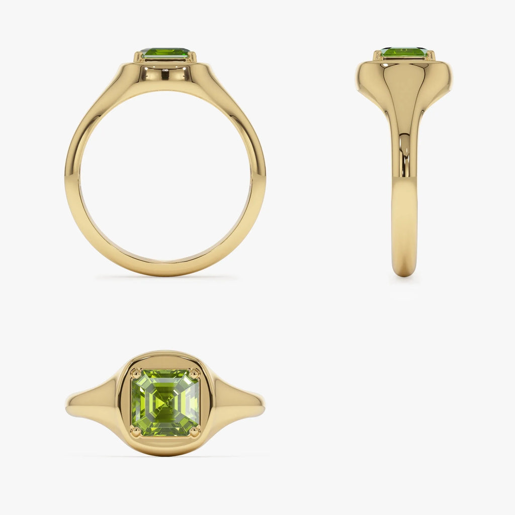 14K Solid Gold Asscher Cut Peridot 1.20 Carat Signet Ring