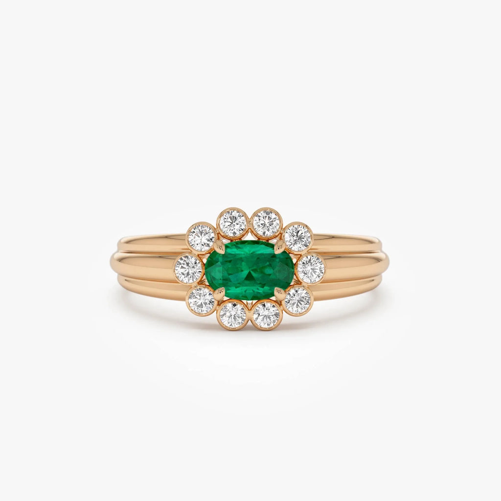 14K Solid Gold Oval Emerald and Round Diamond Bezel Halo Ring 0.60 CTW
