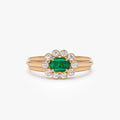 14K Solid Gold Oval Emerald and Round Diamond Bezel Halo Ring 0.60 CTW