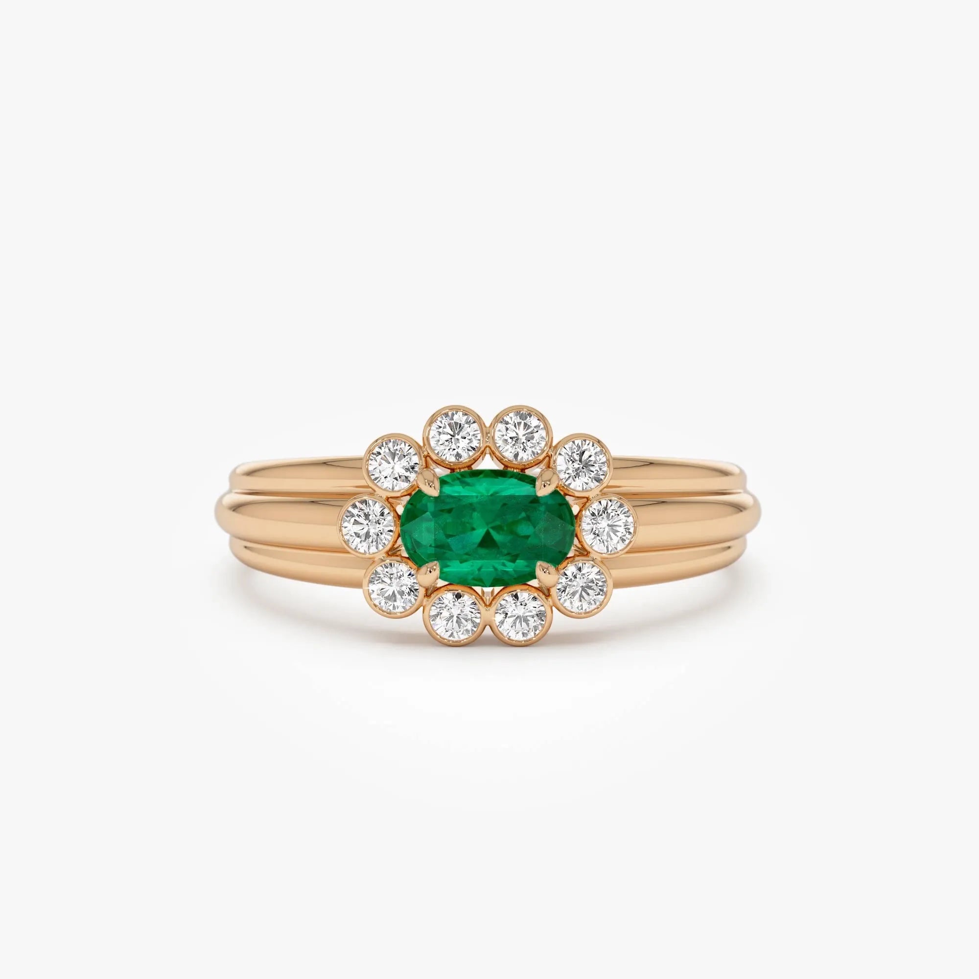 14K Solid Gold Oval Emerald and Round Diamond Bezel Halo Ring 0.60 CTW