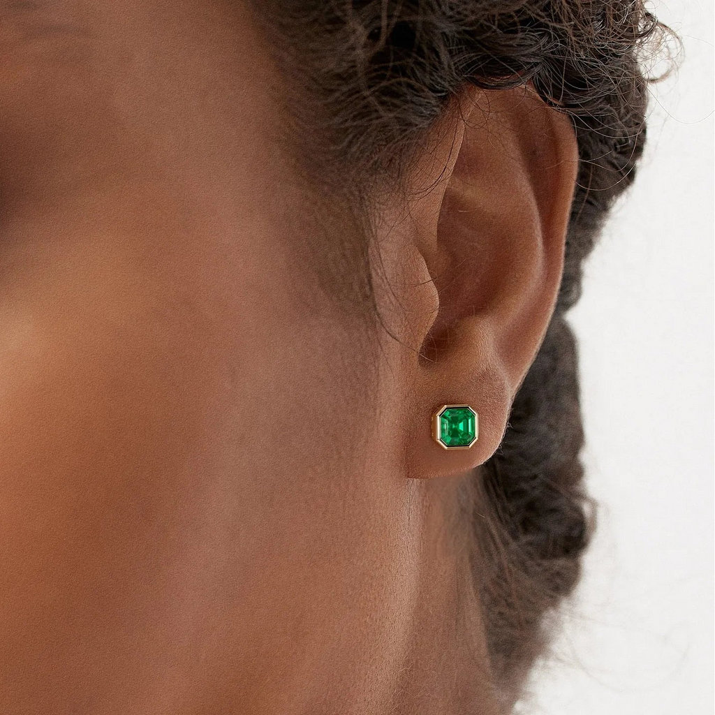 14k Gold Lab Grown Colombian Emerald Asscher Cut Bezel Setting Stud Earrings 2.30 ctw