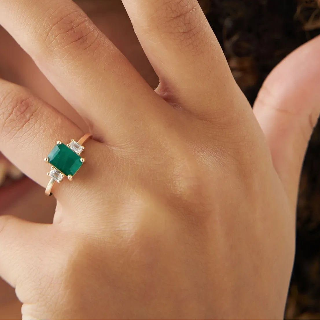 14K Solid Gold Emerald Cut Emerald and Diamond Three Stone Engagement Ring 1.75 CTW