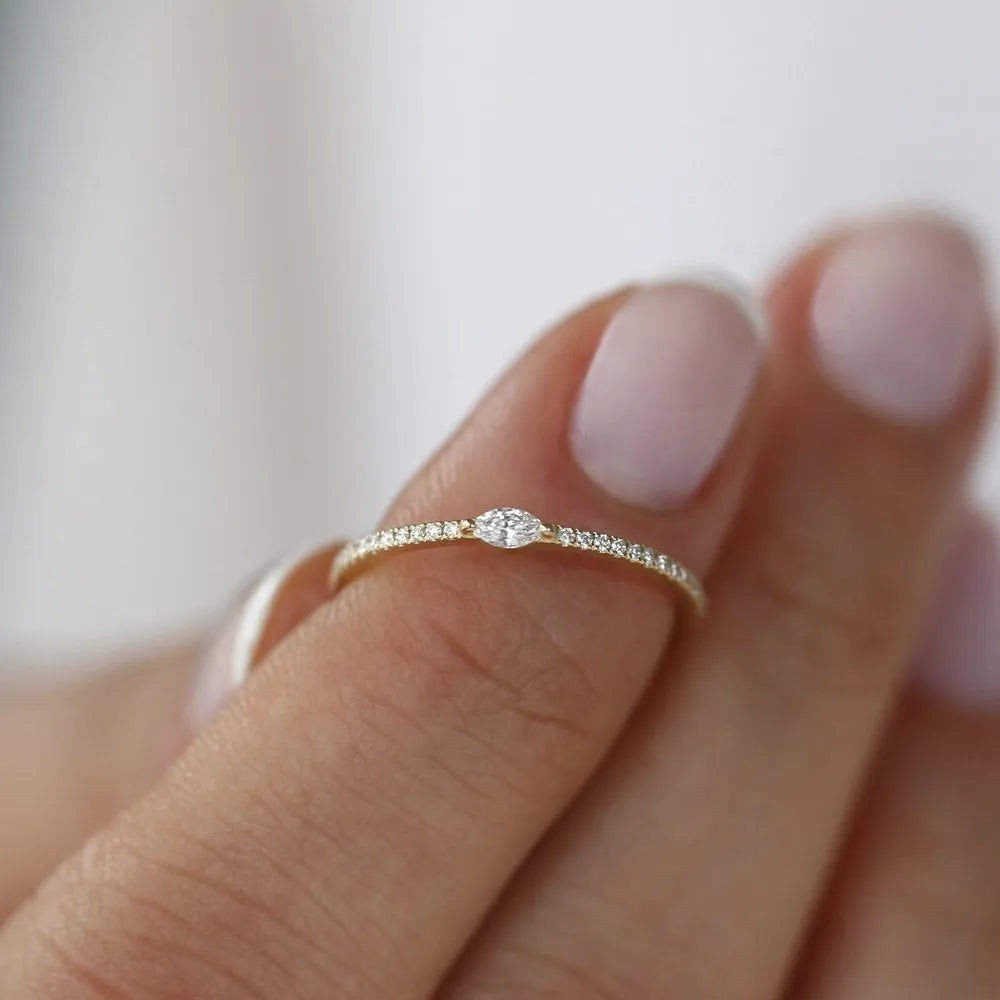 14k Gold Marquise Round Diamond Stackable Ring Micro Pave 0.21ctw