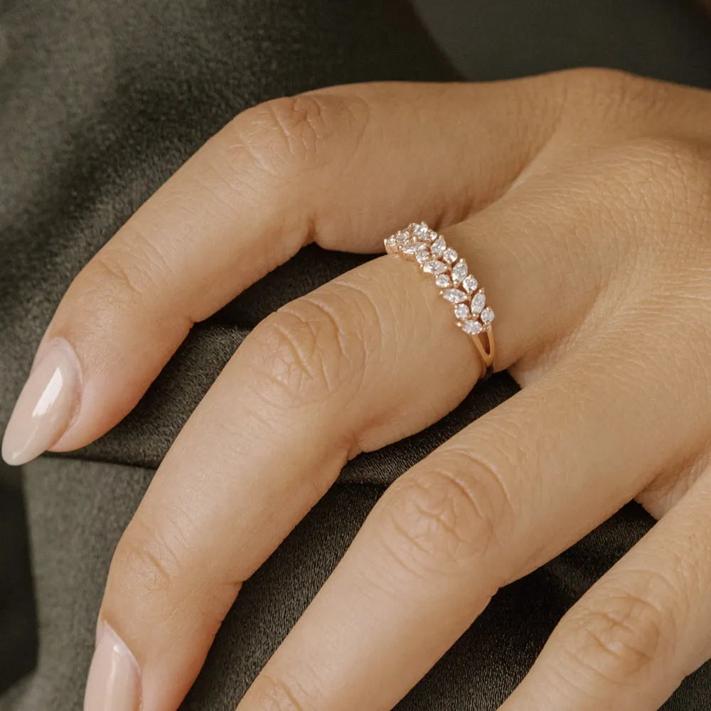 14K Gold Marquise and Round Diamond Two Row Ring