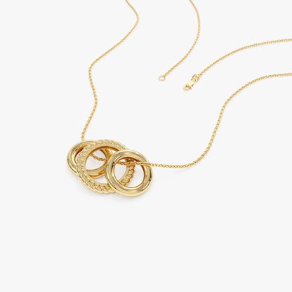 14k Solid Gold Three Ring Eternity Circle Necklace with Twisted and Plain Linked Detail
