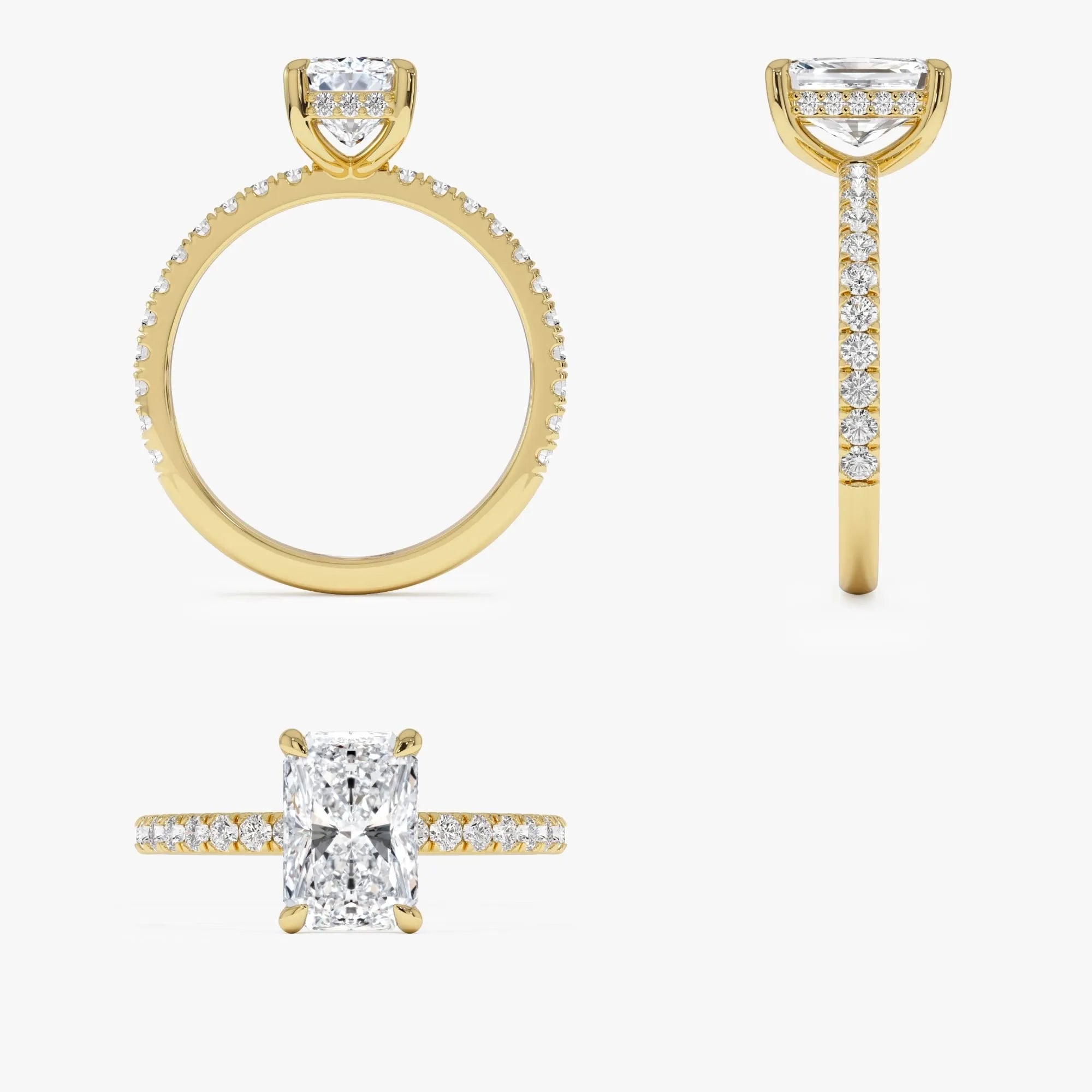 14k Gold Lab Grown Diamond Radiant Cut Ring Pavé Hidden Halo 2.45 CTW