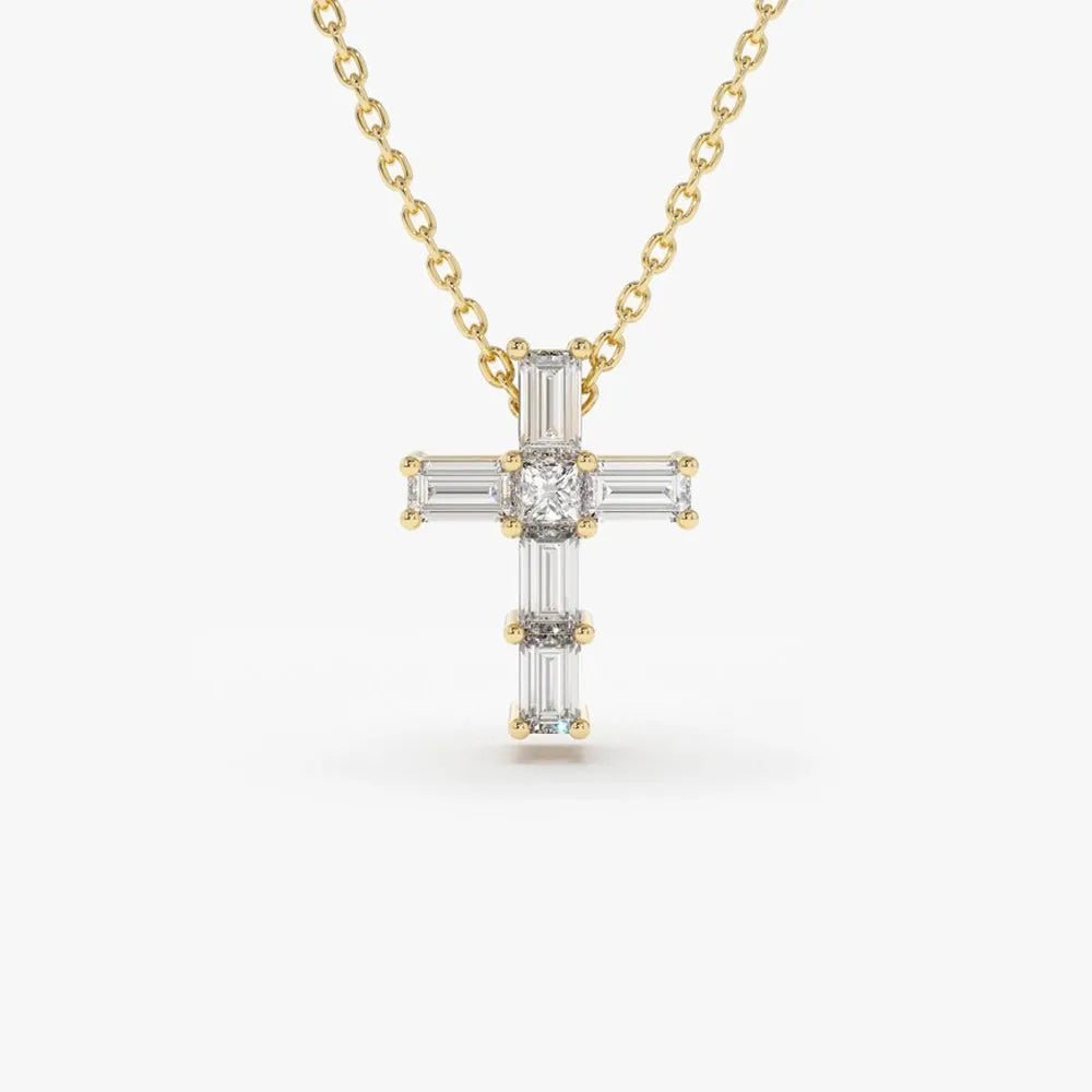 14K Solid Gold Baguette and Princess Cut Diamond Cross Pendant Necklace 0.15ctw