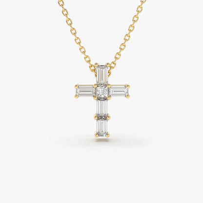 14K Solid Gold Baguette and Princess Cut Diamond Cross Pendant Necklace 0.15ctw