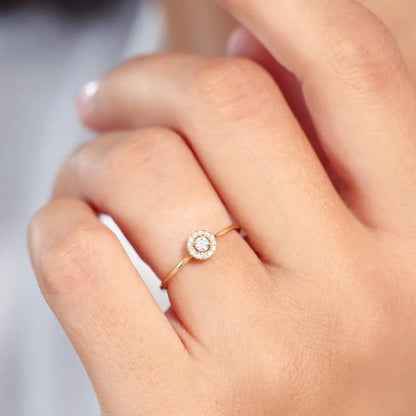 14K Solid Gold 0.12 Ctw Baguette and Round Diamond Micro Pave Halo Ring