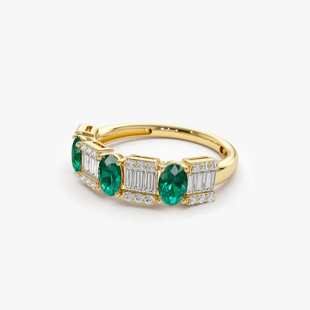 14K Solid Gold Oval Emerald and Baguette Round Diamond Ring 1.43 CTW Handcrafted Jewelry