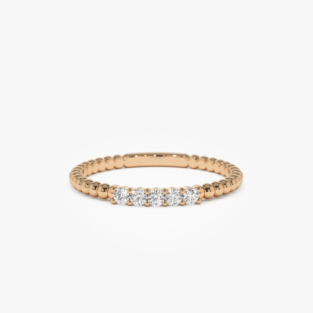 14K Solid Gold 0.10 ctw Natural Round Diamond Stacking Beaded Band