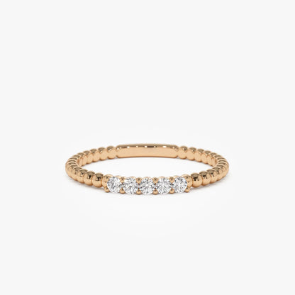 14K Solid Gold 0.10 ctw Natural Round Diamond Stacking Beaded Band