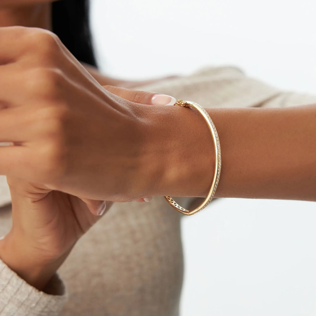 14K Solid Gold 1.00 CTW Round Diamond Dome Bangle