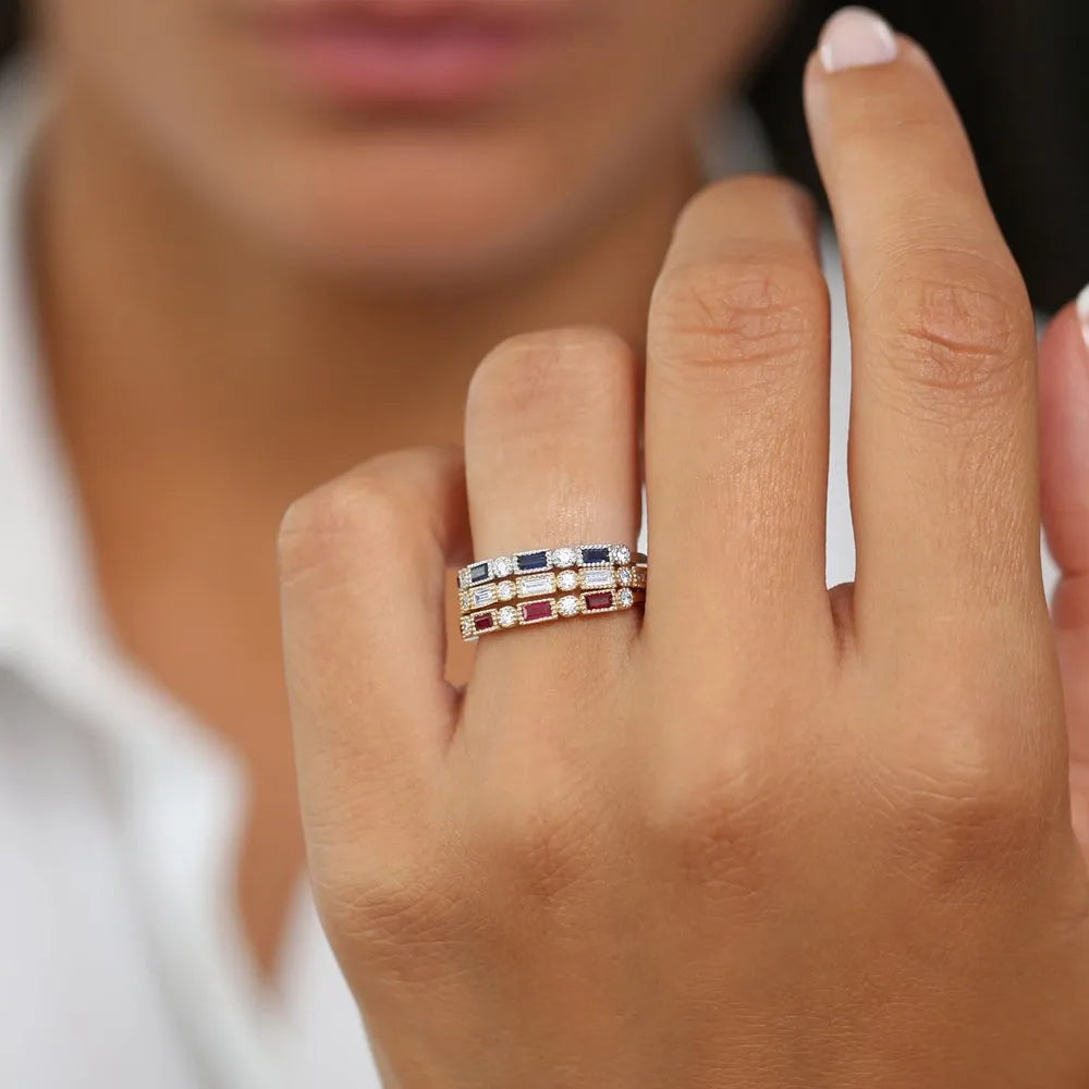 14k Gold Ruby and Diamond Baguette and Round Cut Milgrain Bezel Ring 0.47 ctw