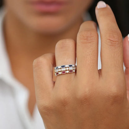 14k Gold Ruby and Diamond Baguette and Round Cut Milgrain Bezel Ring 0.47 ctw