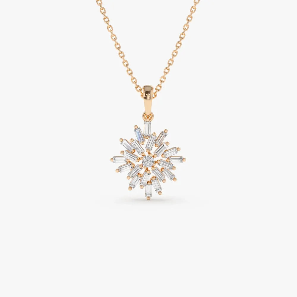 14K Solid Gold Baguette and Round Diamond Cluster Pendant Necklace Prong Setting 0.56ctw