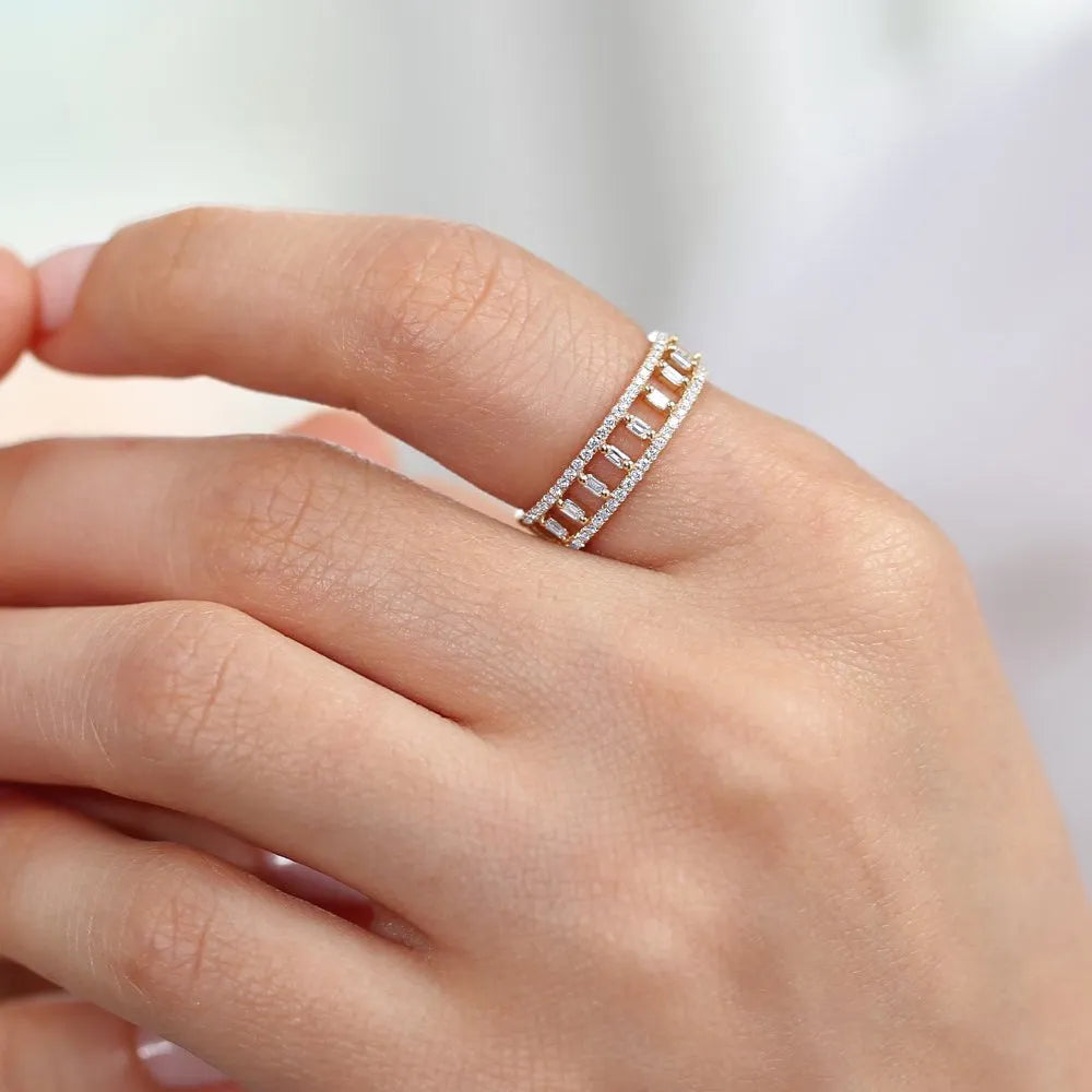14K Solid Gold 0.40 Carat Baguette and Round Cut Diamond Double Row Micro Pave Ring